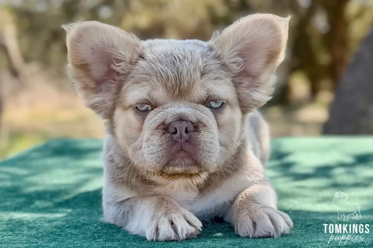 Kelsea, a female new shade isabella and tan fluffy French Bulldog puppy, lying on a green table outdoors.